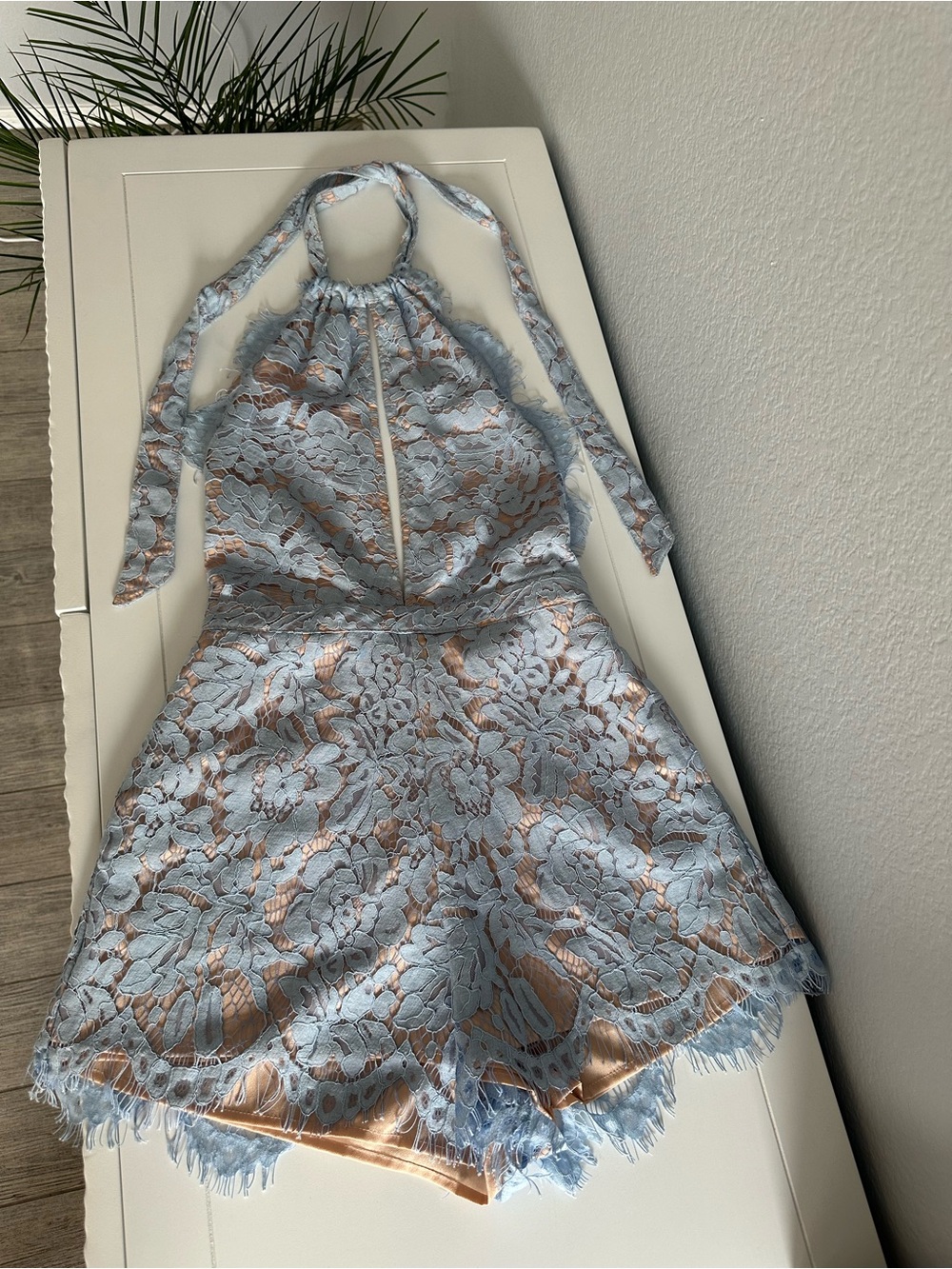DO+BE Blue Floral Lace Halter Romper Nude Lined Size S